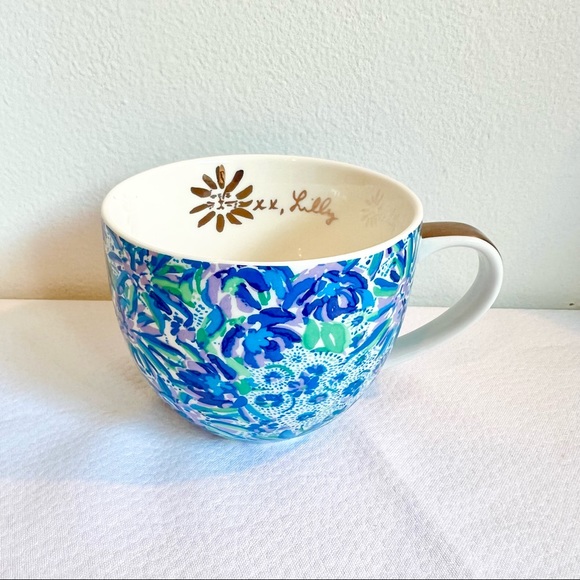 Lilly Pulitzer Cup Coffee Blue Floral with Hidden Cats Gold Trim Ceramic Mugs - Picture 1 of 4